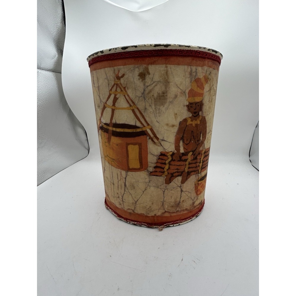 MCM Trash can African Woman Making Blanket Textured Art Bohemian 11"